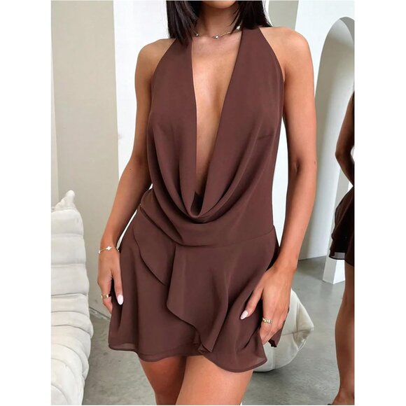Women's Chiffon Halter Backless Ruffle Tiered Party Mini Dress - Picture 4 of 4